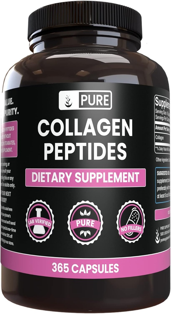 PURE ORIGINAL INGREDIENTS Collagen Peptides (365 Capsules) No Magnesium Or Rice Fillers, Always Pure, Lab Verified