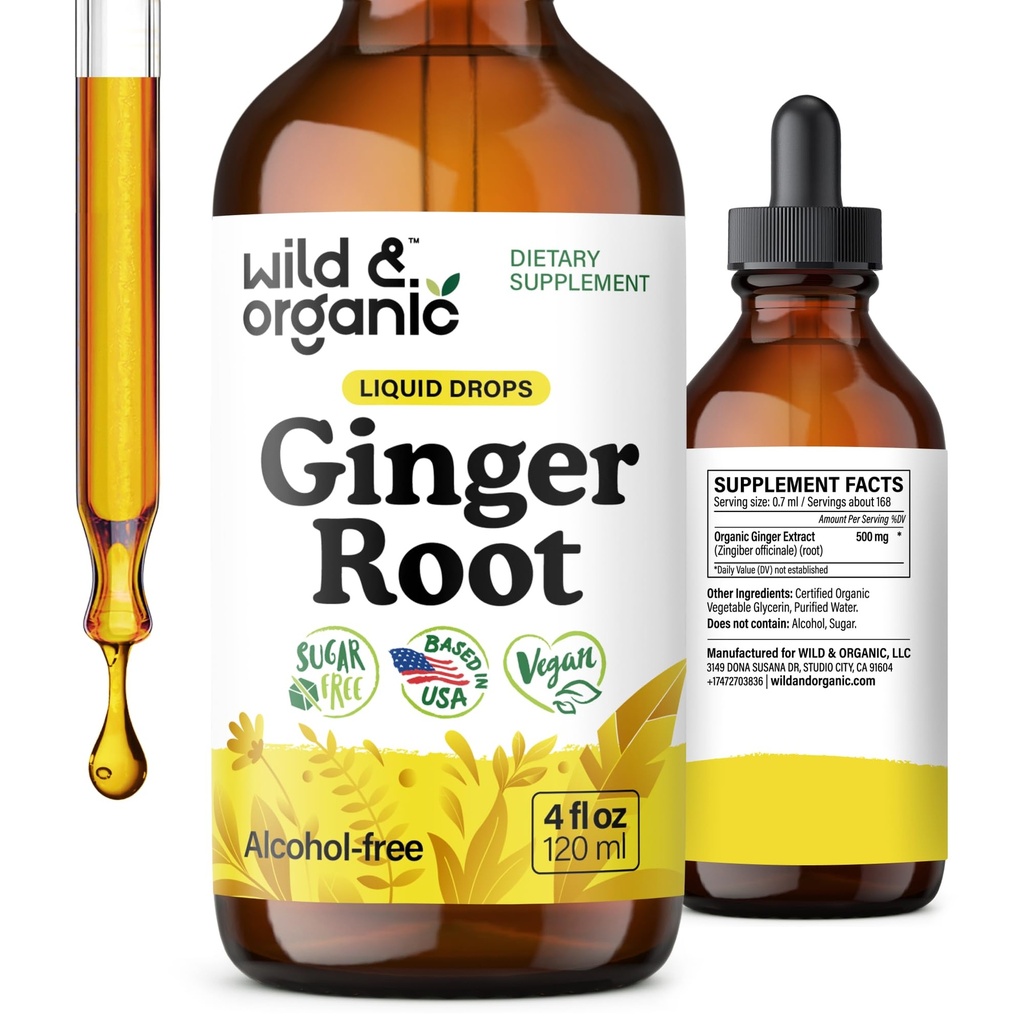 Wild & Organic Ginger Root Extract Drops - Immune & Digestive Support - Liquid Ginger Supplements - Easy to Add to Tea - Vegan, Sugar & Alcohol-Free Tincture - 4 fl oz