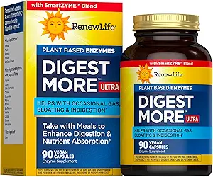 Renew Life Adult DigestMore Ultra Enzymes - Ultra-Strength Plant-Based Digestive Enzyme Formula for Men &amp; Women - 90 cápsulas vegetarianas