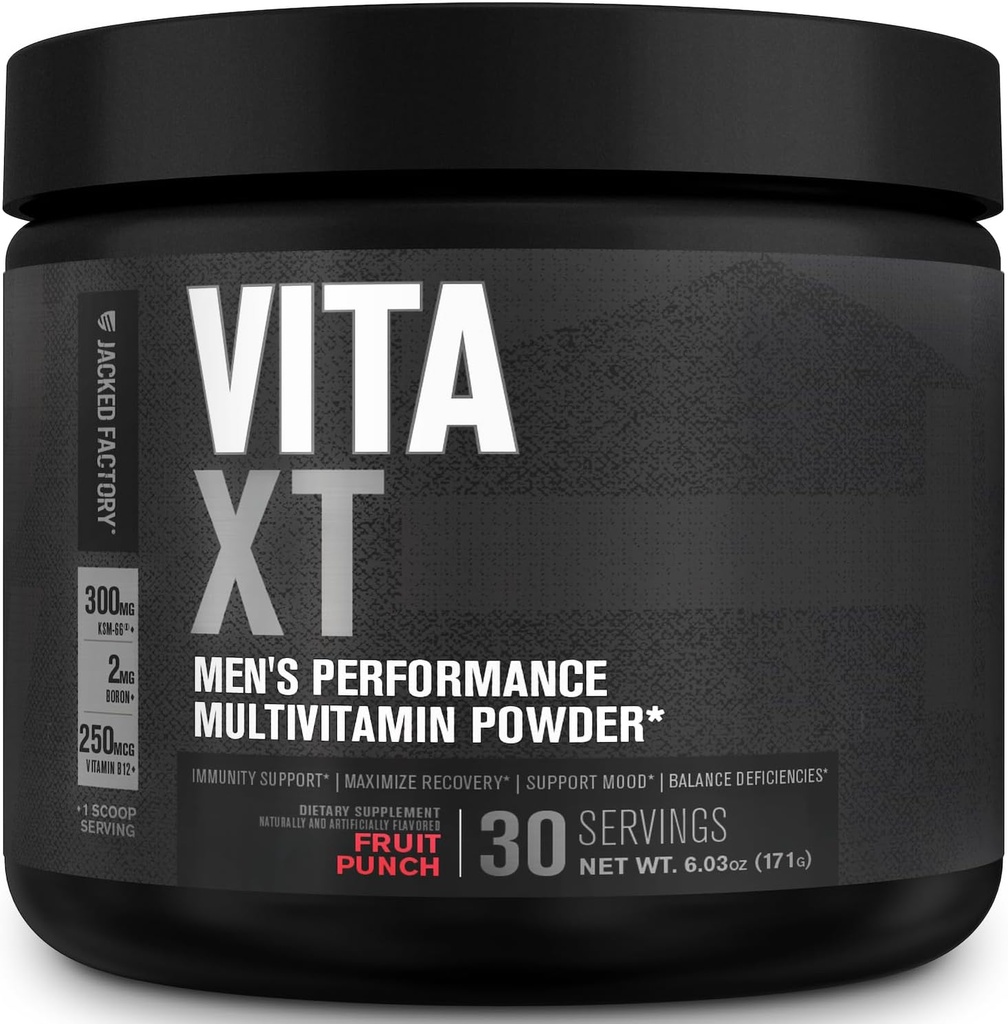 Fábrica de Jacked Vita XT Performance Vitamin Powder - Daily Multivitamin Powder para hombres con KSM-66 Ashwagandha, fibra prebiótica, vitamina A, C, D, K, B6, B12, &amp; Más - Fruit Punch, 30Sv