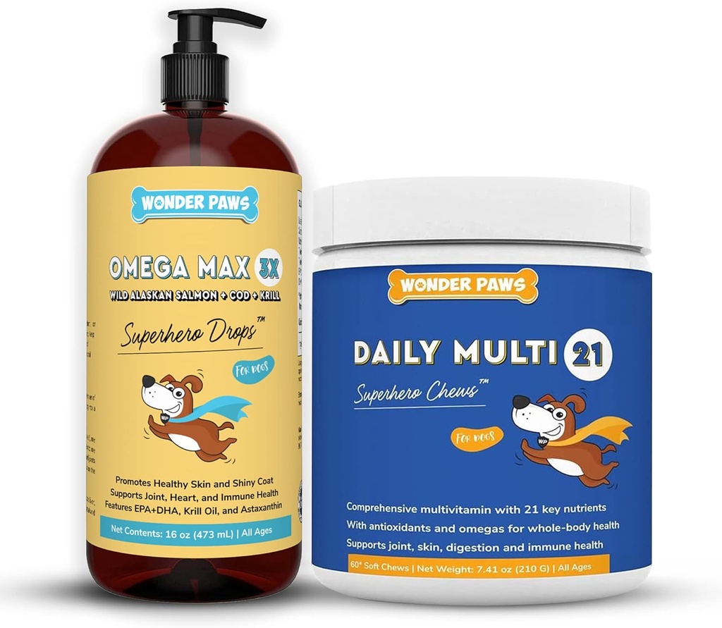 WONDER PAWS Omega Max Fish Oil Plus Daily Multivitamin Chews - for Dog Joint Health, Skin Moisture, Immune System Support &amp; Daily Wellness - Omega Max 16 Ounces - Multivitamin 60 Chews
