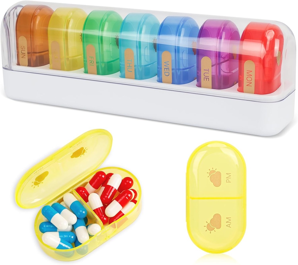Organizador de píldoras de viaje FYYY, 14 Compartimientos Organizador diario de píldoras Portable Caja de píldoras diarias desmontable para el bolsillo de púrpura para mantener vitaminas, aceite de hígado de bacalao,Suplementos y medicamentos-White