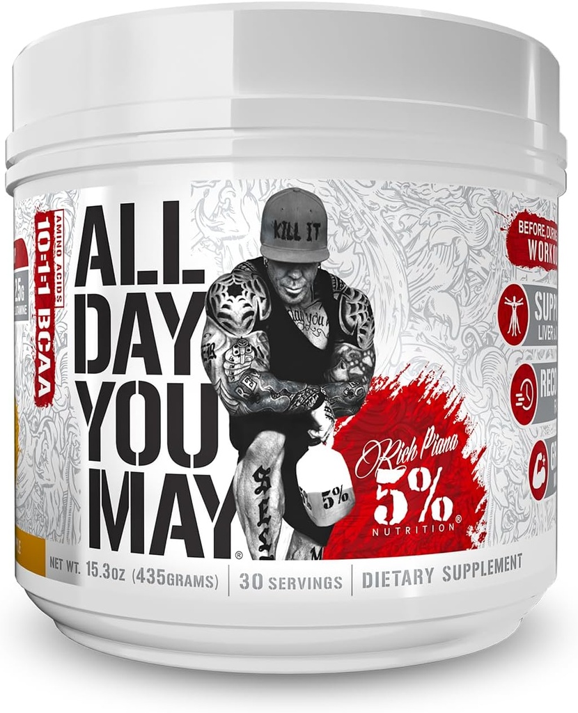 5% Nutrición Rich Piana AllDayYouMay BCAA Powder ← Premium Intra " Post Workout Amino Acidos, Hidratación, Resistencia, Recuperación de Musculos, Soporte Conjunto " Liver TEN 15.3 oz, 30 Servings (Mango Pineapple)