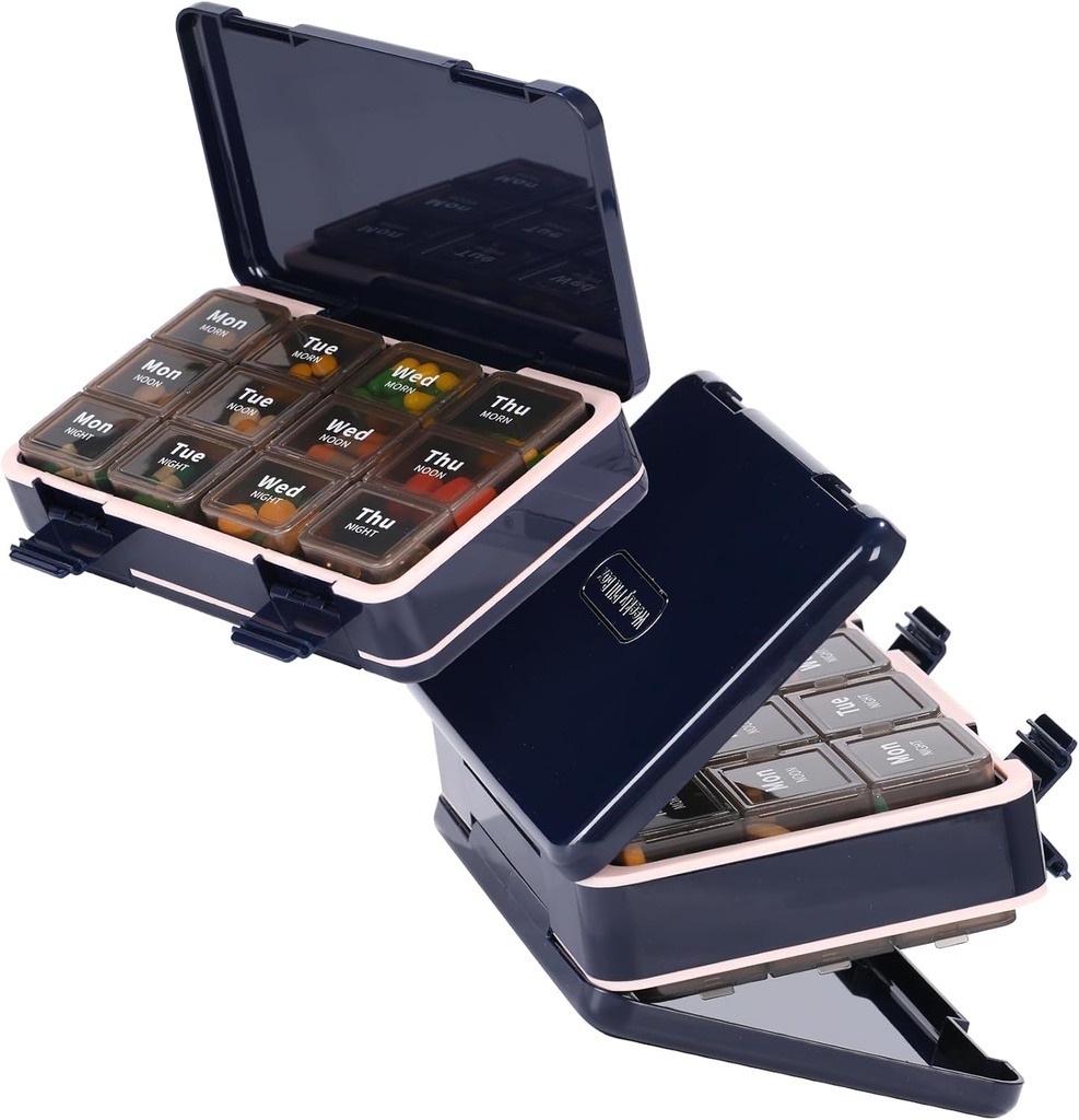 Organizador de píldoras 3 veces al día, Caja semanal de Pill Medicina Organizador Caja, Viaje doble lado 7 días Pill Case with Backup One Day Hold, for Fish Oils, Vitamin Holder Supplement