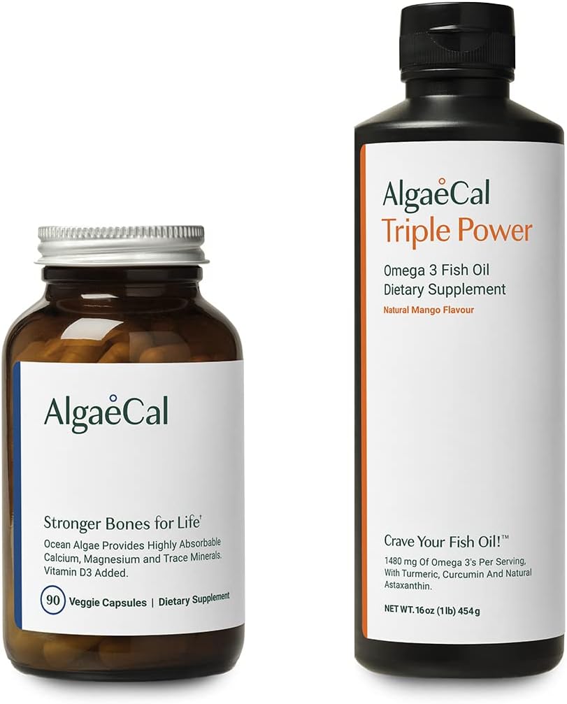 AlgaeCal Bundle - Suplemento de calcio con base vegetal con vitamina D3 para la salud ósea &amp; fuerza &amp; potencia triple Omega-3 aceite de pescado Emulsión líquido natural con EPA &amp; DHA, Curcumin, Astaxanthin