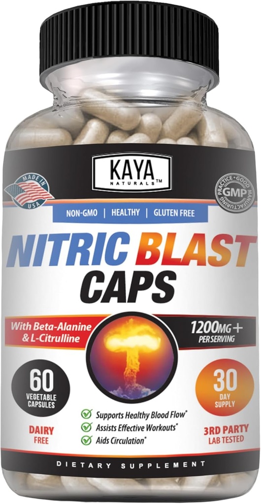 Kaya Naturals - Nitric Blast Potent All-Natural Herbal Supplement for Maximum Health Benefits Silencio Pre-Workout ← Mejorar la energía ← Mejorar el rendimiento nocturno (60 Cuenta (Pack of 1)
