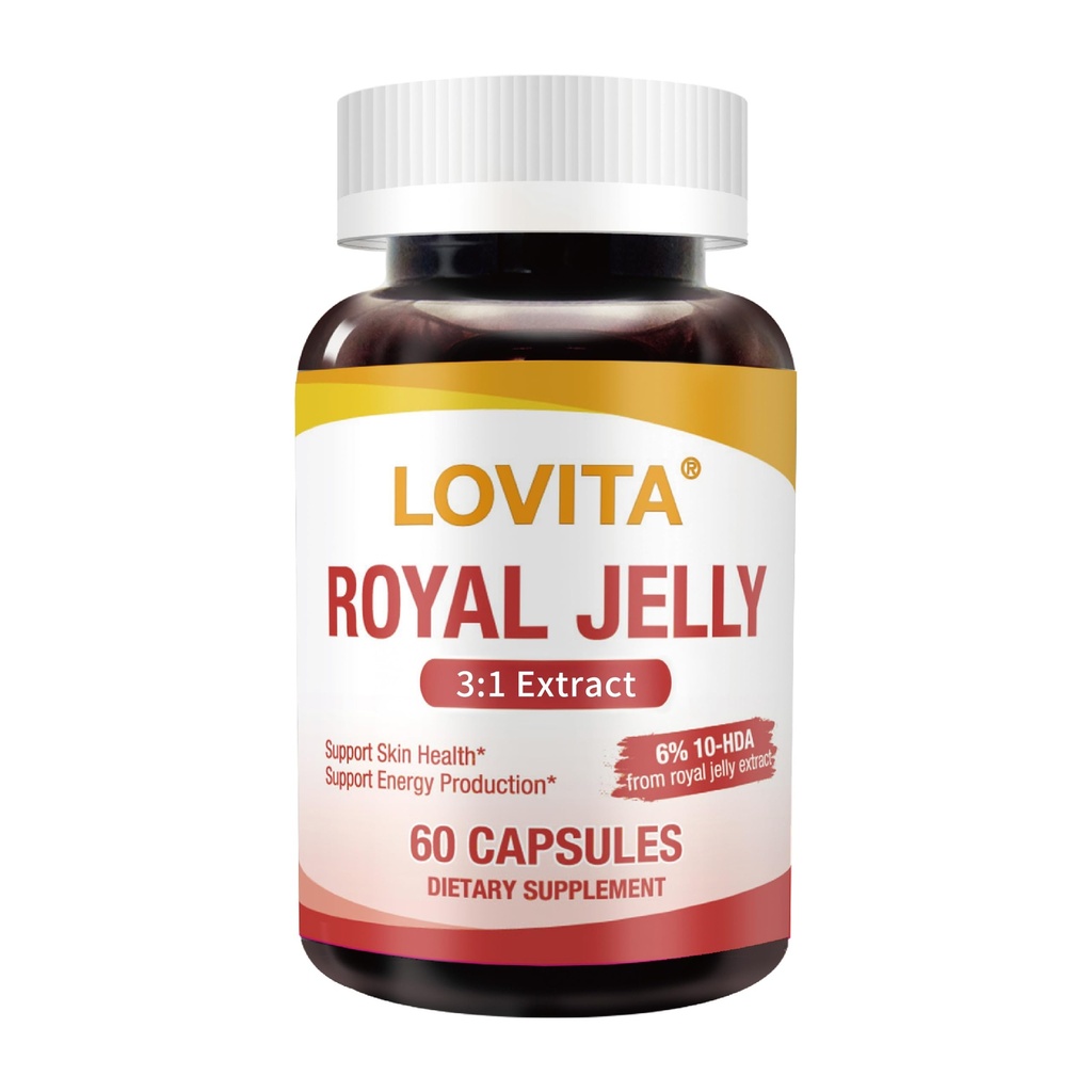 LOVITA Royal Jelly 333 mg, 3:1 Concentrate, with 20mg 10-HDA, Natural Source Super Food, Supports Skin Health & Energy Production, 60 Capsules