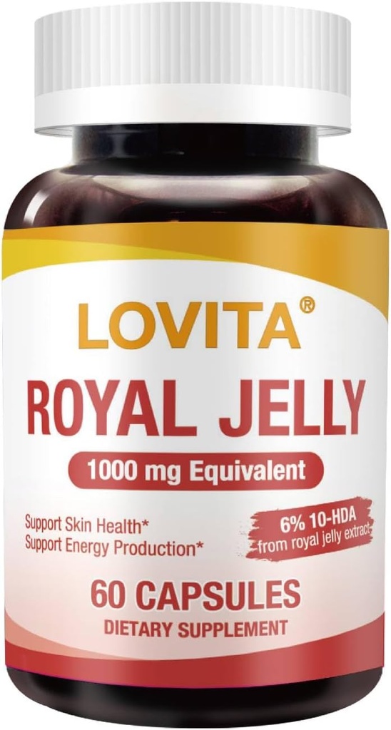 Lovita Royal Jelly 333 mg, 3:1 Concentrate, con 20mg 10-HDA, Fuente Natural Super Food, Supports Skin Health & Energy Production, 60 cápsulas