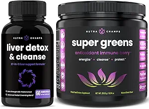 NutraChamps Liver Cleanse Detox Capsules y Super Greens Antioxidant Superfood Powder Bundle