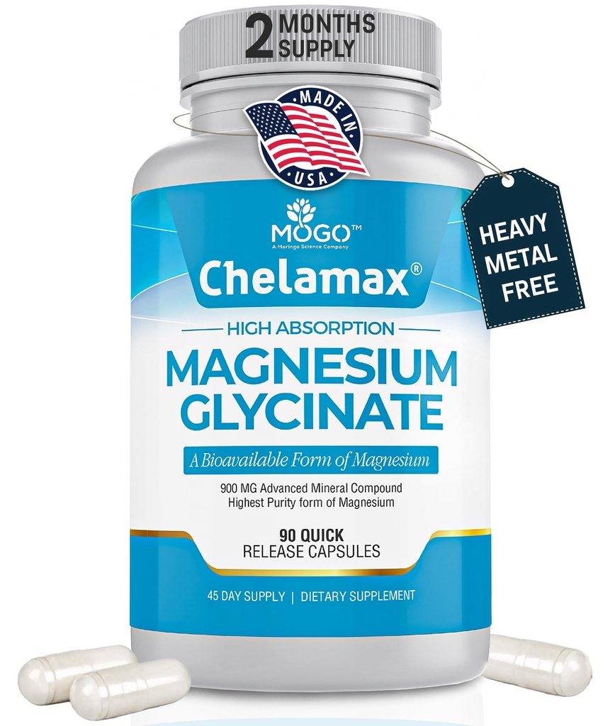 Chelamax Magnesium Glycinate. Mar Muerto Fuente, Magnesio 100% Chelated para el soporte para dormir, calambres musculares, salud ósea. Hecho en EE.UU., 3er Partido Tested,Heavy Metal Free,Glicinato de Magnesio Capsules.