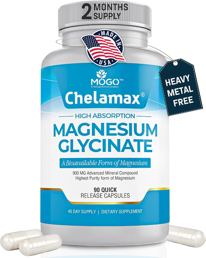Chelamax Magnesium Glycinate. Mar Muerto Fuente, Magnesio 100% Chelated para el soporte para dormir, calambres musculares, salud ósea. Hecho en EE.UU., 3er Partido Tested,Heavy Metal Free,Glicinato de Magnesio Capsules.