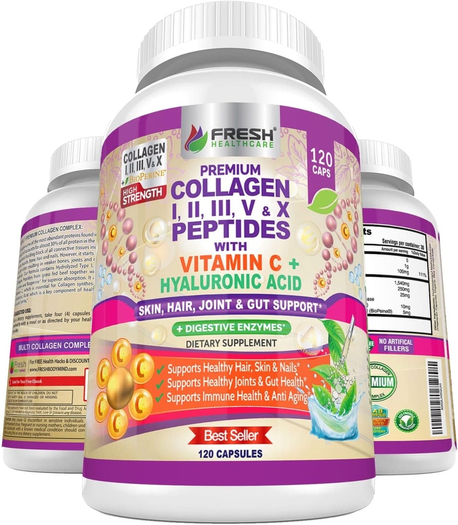 FRESH HEALTHCARE Multi Collagen Pills with Type I, II, III, V & X Peptides with Vitamin C, Hyaluronic Acid - Supports Healthy Hair, Skin, Nails and Joints - 120 Kosher Capsules