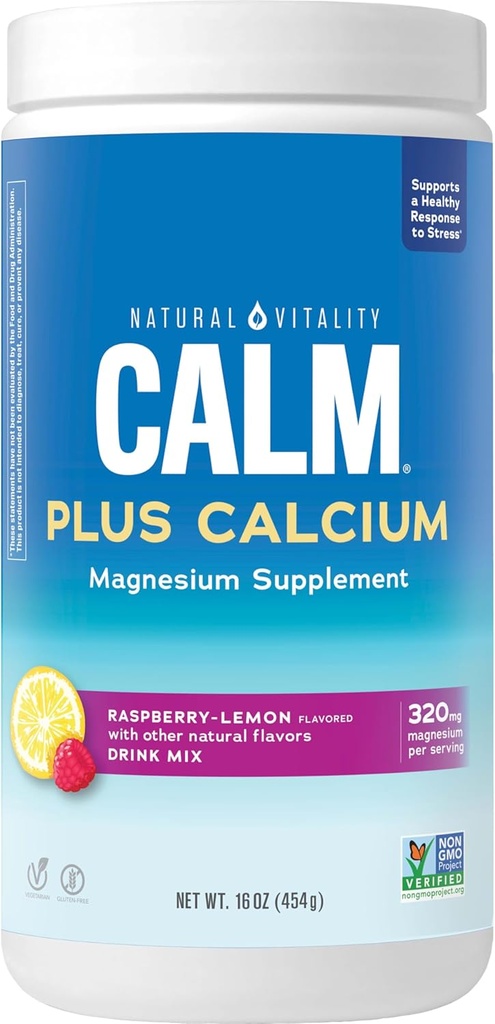 Natural Vitality Calm, Magnesium &amp; Calcium Supplement, Drink Mix Powder Supports a Healthy Response to Stress, Gluten Free, Vegan, " Non-GMO, Raspberry Lemon, 16 oz