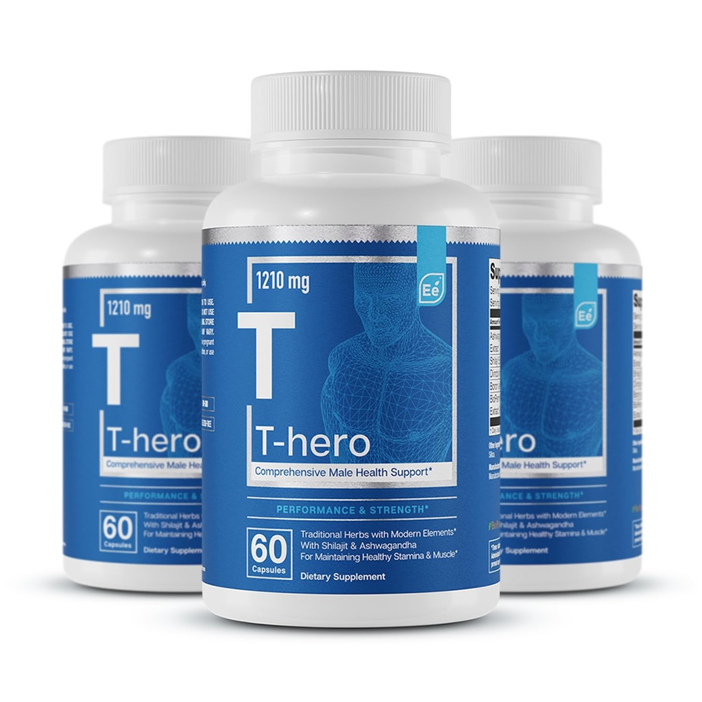 Essential Elements Male Health Supplement - Muscle Support & T-Health with DIM, Ashwagandha, Shilajit, More | T-Hero 60 Vegan Capsules (3-Pack)