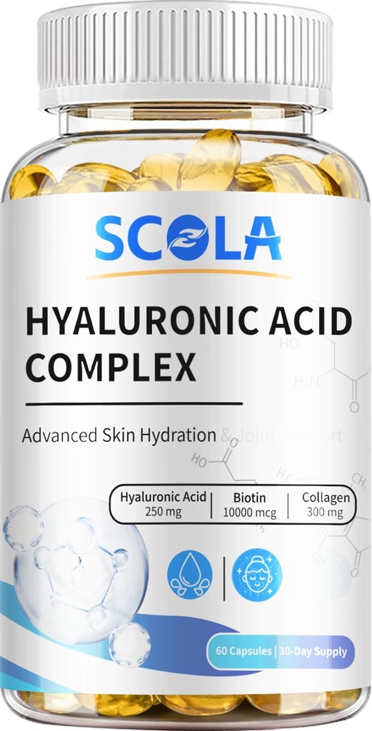 Cápsulas de ácido hialurónico SCOLA - 250mg HA + 10,000mcg Biotin, 60 Cápsulas veganas ← Hidratación profunda, Peluquería &amp; Nail Support ← Non-GMO Fórmula
