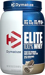 Dymatize Elite 100% Whey Protein Powder, Cookies & Cream, 25g of Protein, 5.5g BCAAs, Less Than 140 Cal., Gluten Free, 3g Carb, 2g Sugar, 3g Fat (25 Servings)
