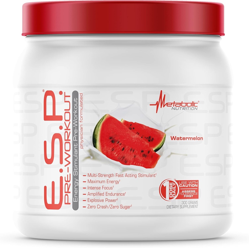 Nutrición metabólica - ESP - Estimulante Pre Workout, Pre Intra Workout Supplement, Energy & Endurance Stimulation, Natural, Safe & Mental Focus, Watermelon 300 Grams (90 Servings)