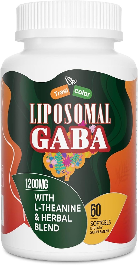 GABA Liposomal con L-Theanine Suplementos 1200mg - Complejo GABA de alta absorción con Ashwagandha, Chamomile, Tart Cherry Herbal Suplementos para Hombres y Mujeres, 60 Softgels