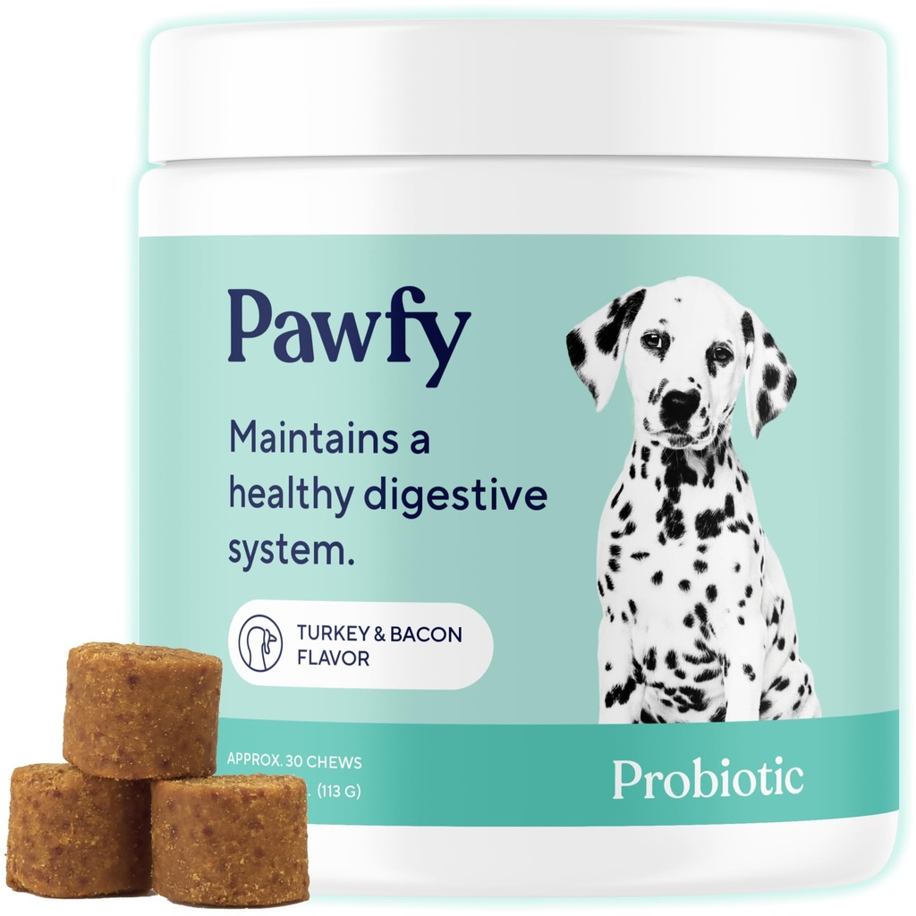 Pawfy Probióticos para Perros Silenciosos Apoyos Salud Digestiva, Diarrea para Perros Pequeños, Grandes Perros TENIDO Mejora Gut Health TENIDO Anti Yeast Supplements ← Skin Health Seasonal Allergies Support - 30 Chews (Bacon)