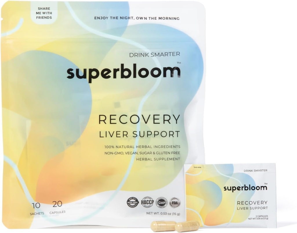 superbloom Recovery Liver Support ¦ Liver Detox with DHM, Turmeric, Milk Thistle TEN 10 Sachets, 20 Capsules ANTE Disfruta de la noche, Own The Morning