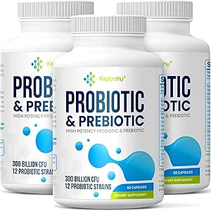 Probióticos para Mujeres &amp; Hombres, 300 billones de probióticos CFU de 12 Strains + Prebióticos Orgánicos Blend for Daily Digestive, Immune, Gut, Bloating, Gut Health for Women &amp; Men, Shelf Stable - 180 cápsulas
