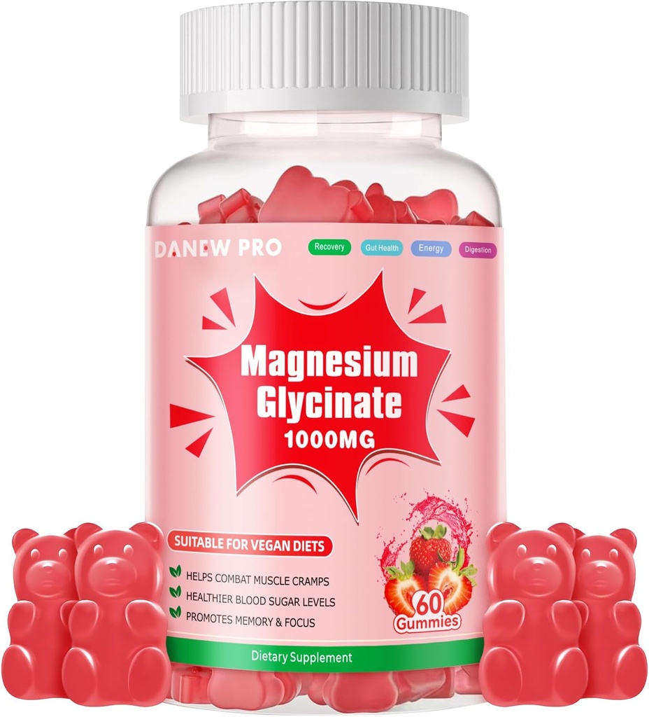 Magnesio Glycinate Gummies 1000mg - Suplemento de Potasio de Magnesio Libre de Azúcar con Vitamina D, B6, CoQ10 para calma Mood &amp; Sleep Support - 60 Gummies de Fresa