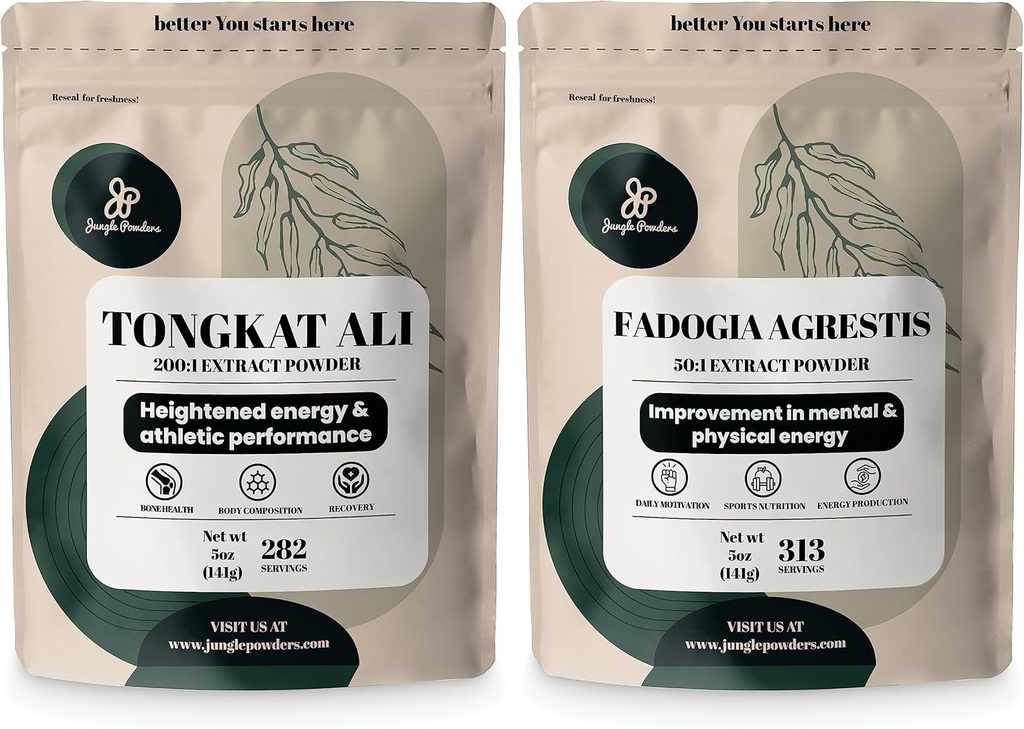 Jungle Powders Tongkat Ali Powder for Men 200:1 Extract, Fadogia Agrestis Extract Powder for Men 50:1 Concentration 5oz Supplement