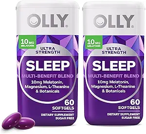 OLLY Ultra Strength Sleep Softgels, 10mg Melatonin, L-Theanine, Chamomile, Magnesium, Lemon Balm, soporta el sueño profundo descanso, la ayuda para dormir nocturna, la no-forma del hábito, 60 Cuenta (Pack de 2)