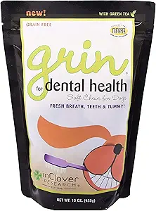 En Clover Natural Dental Treat, Grin, Fresh Breath Dog Chew Treat with Prebióticos, Fresh Breath Tartar Control, Daily Chew Supplement for Dogs Supports Dog Gums and Teeths