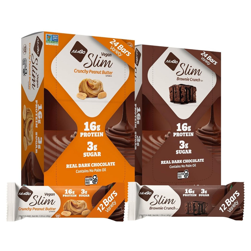 NuGo Slim 24ct Variety - Crunchy Peanut Butter 12 bars &amp; Brownie Crunch 12 bars, 16g Protein, Keto Friendly, Gluten Free, 24 cuentan