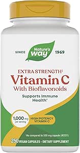 Vía de la Naturaleza Vitamina C con Bioflavonoides, promueve la producción de colágeno para la piel sana*, 1g Vitamina C como ácido ascóbico por cápsula, 250 cápsulas veganos (paquete mayo Vary)