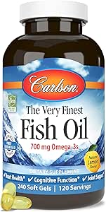 Carlson - The Very Finest Fish Oil, 700 mg Omega-3, Norwegian Fish Oil Supplement, Wild Caught Omega-3 Fish Oil, Sustentablemente Fuented Fish Oil Capsules, Omega 3 Suplemento, Lemon, 240 Softgels