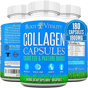 Root Vitality Collagen Peptides Capsules - Grass-Fed, Pasture-Raised Hydrolyzed Protein Supplement for Skin, Hair, & Nails - Non-GMO, Zero Sugar Daily Pills for Men & Women (180 Capsules)