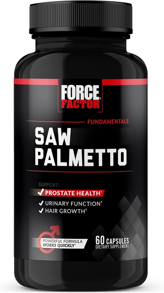 Factor de fuerza Saw Palmetto para hombres, suplemento de próstata para hombres para apoyar la función urinaria, alivio de próstata " Crecimiento del cabello, con BioPerine para absorción superior, 60 cápsulas