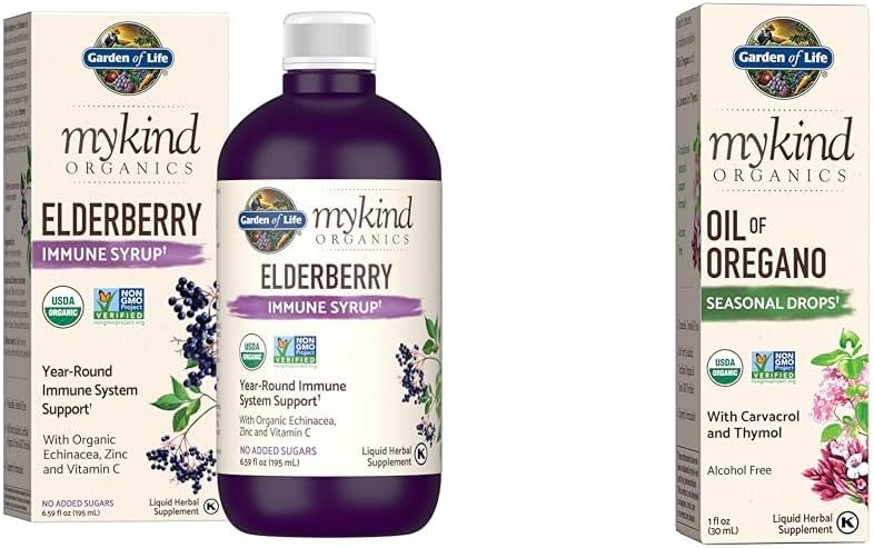 Jardín de la Vida Orgánicas Elderberry con base vegetal Syrup 6.59 fl oz & Organics Oil of Oregano Seasonal Drops 1fl oz (30 mL) Liquid