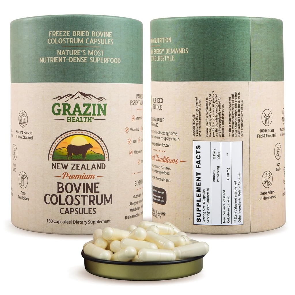 Grass Fed Bovine Colostrum: 3000Mg por Serving (500 mg por cápsula) (30 Serviciones)