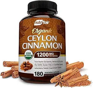 NutriFlair Ceilón Orgánico Canela (100% Certificado Ceilón Orgánico Canela) 1200 mg por Servo, 180 cápsulas - Juntas, Inflamatorio, Antioxidante