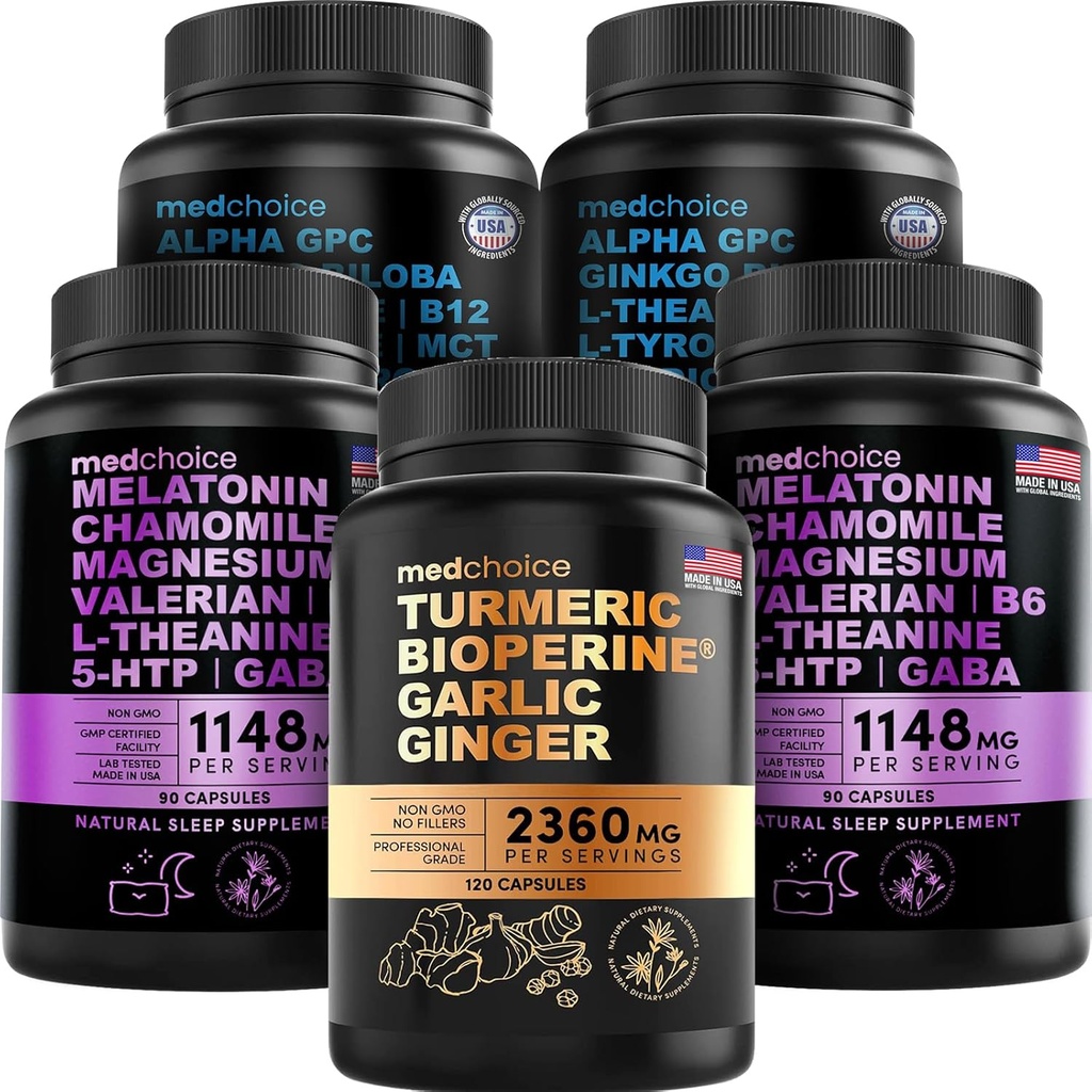 MEDCHOICE Turmeric " Ginger (120ct), Sleep Melatonin (180ct), and Nootropic Brain (120ct) Supplement Bundle - Wellness Trio for Brain, Sleep, " Immune Support - Vegan, Non-GMO, Gluten-Free