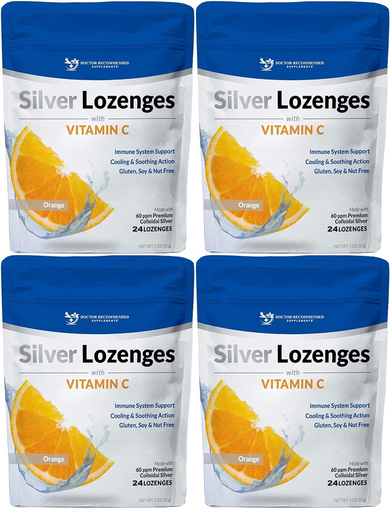 Lozenges de Plata con Vitamina C - Premium Nano Plata 60 PPM Colloidal Plata, Miel Orgánica y Vitamina C Suplemento Mineral gotas para soportar el sistema inmunológico, Soothe Cough & Throat - Pack de 4