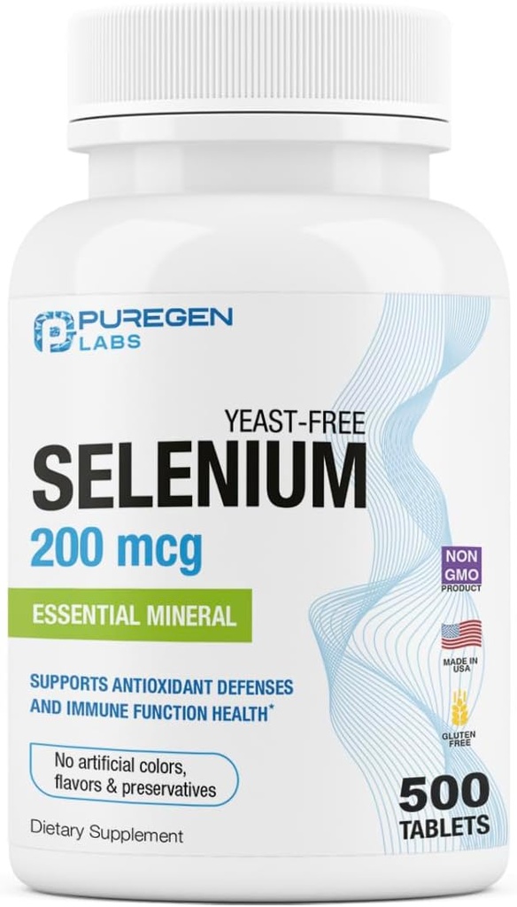 Puregen Labs Selenium 200 mcg Yeast Free Essential Mineral - 500 Vegetarian Tablets ← Immune & Antioxidant Support ← Non-GMO, Gluten Free, Made in USA