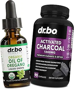Oregano Oil Organic Liquid Drops & Charcoal Capsules - Oil of Oregano Drops Tincture Extract & Charcoal Pills for Stomach Gas Cleanse Detox Immune Support, Digestive Binder - Organic