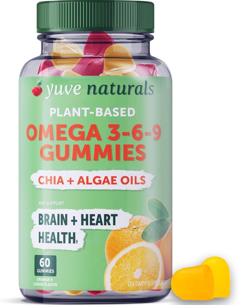 Yuve Vegan Omega 3-6-9 & DHA Gummies - Delicious for Kids, Men &amp; Women - Made from Algae & Chia - NO Fish Oil, NO Krill - Essential Fatty Acid Supplement - Non-GMO, Gluten-Free, Plant-Based - 60ct