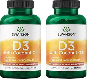 Swanson High Potency Vitamin D-3 w/Coconut - Natural Supplement Promoting Bone Health & Immune System Support - May Help Increase Calcium Absorption - (60 Softgels, 125mcg Cada) (2 Pack)