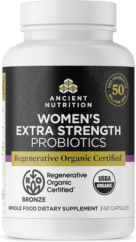 Probióticos certificados orgánicos antiguos de nutrición para mujeres, Probióticos Extra fuerza femenina, Digestión saludable y funcionamiento del sistema inmunológico, 25 millones de UF* por servicio, 60 cuenta
