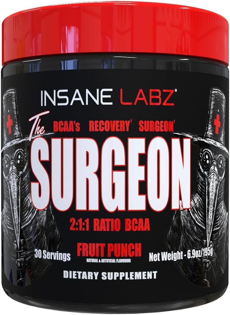 Labz de Insane El Polvo de Recuperación de Surgeon BCAA - Aminoácidos de Cadena ramificada Bebida para la recuperación de músculo - 30 Srvgs (30 Servimientos (Pack of 1), Fruit Punch)