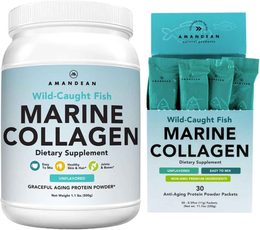 AMANDEAN Marine Collagen Duo. 500g Container + 30 Travel Packs. Péptidos de colágeno de pescado hidrolizado para piel, pelo & uñas. Pescatario, Keto &amp; Paleo-Friendly, Desflavored