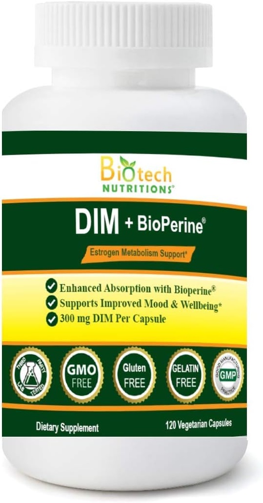 DIM Supplement 300 mg DIM Diindolylmethane Plus BioPerine 120 Days Supply Made in USA 120 Vegetable Capsules (120)