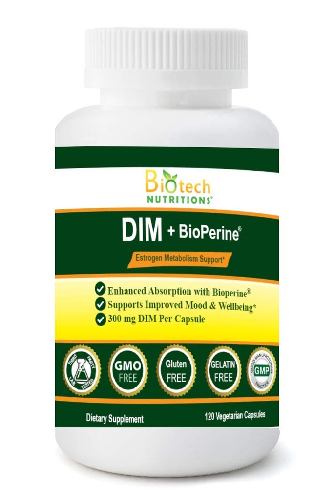 DIM Supplement 300 mg DIM Diindolylmethane Plus BioPerine 120 Days Supply Made in USA 120 Vegetable Capsules (120)