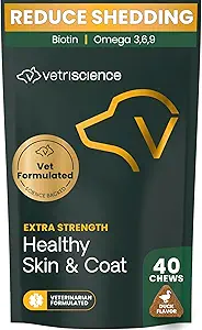 VetriScience Extra Strength Healthy Skin & Coat Chews, Omega Plus Suplemento para perros, con Omega equilibrado 3, 6, 9, Fish Oil and Biotin, Skin Health, Coat Growth and Shine, Duck, 40 Count