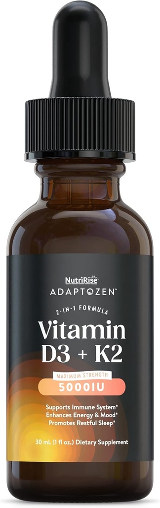 NutriRise Vitamina D3 K2 cae 5000 UI: Vitaminas Inmunitarias, Soporte para Energía, Bienestar &amp; Confort Conjunto, Vegetariano, Fórmula Líquida para Hombres &amp; Mujeres + MCT Oil, Gluten Free, 1 fl oz